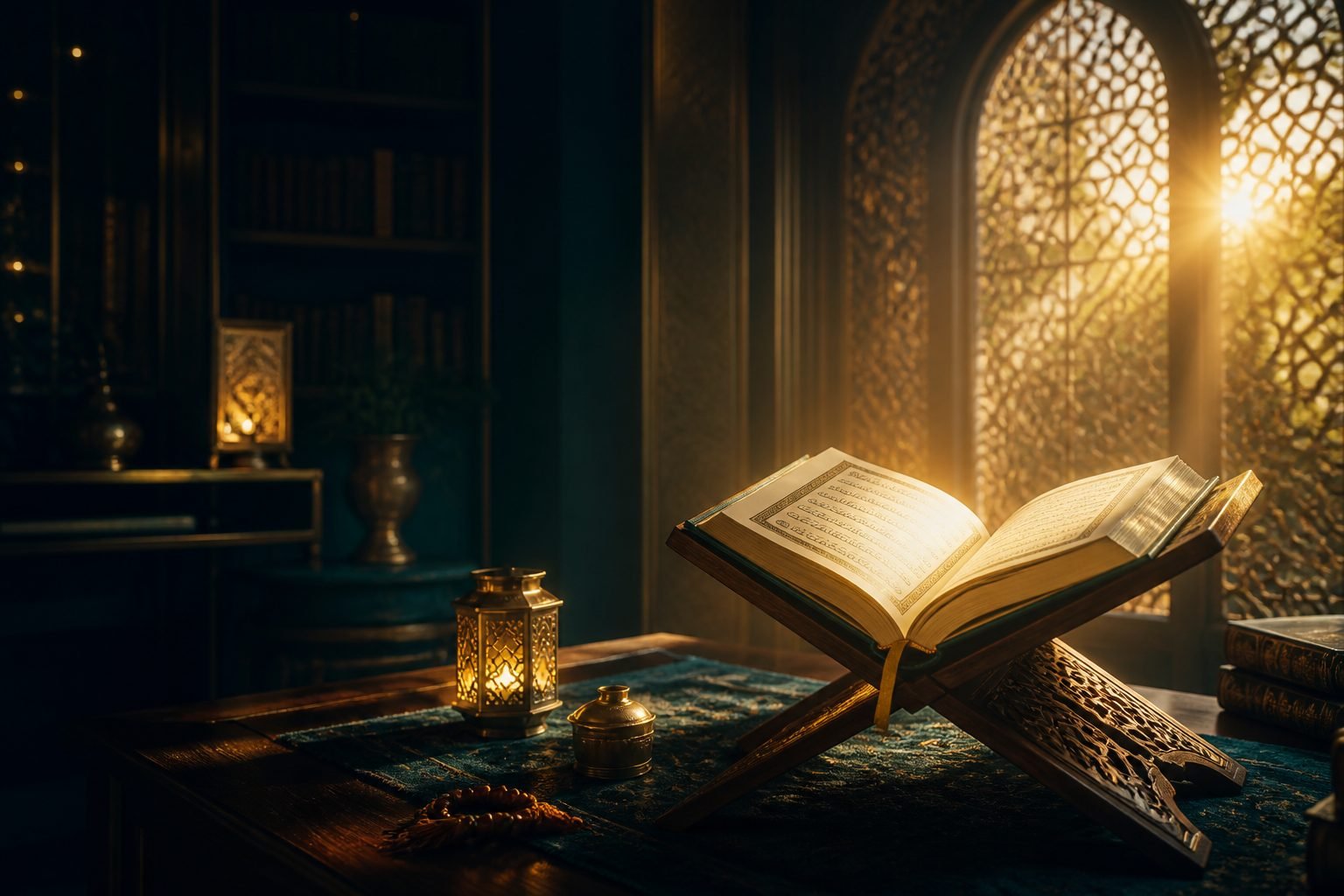 Open Quran in a gold-lit study